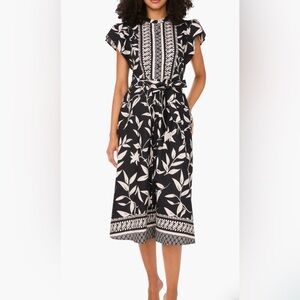 CLOSING SALE Halogen Sz M Tie Waist Midi Dress Black and White Leaf NWT